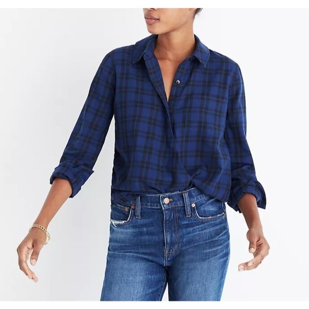 Madewell Womens‎ Small Wrap Front Shirt In Arion Plaid Blue Black Long Sleeves